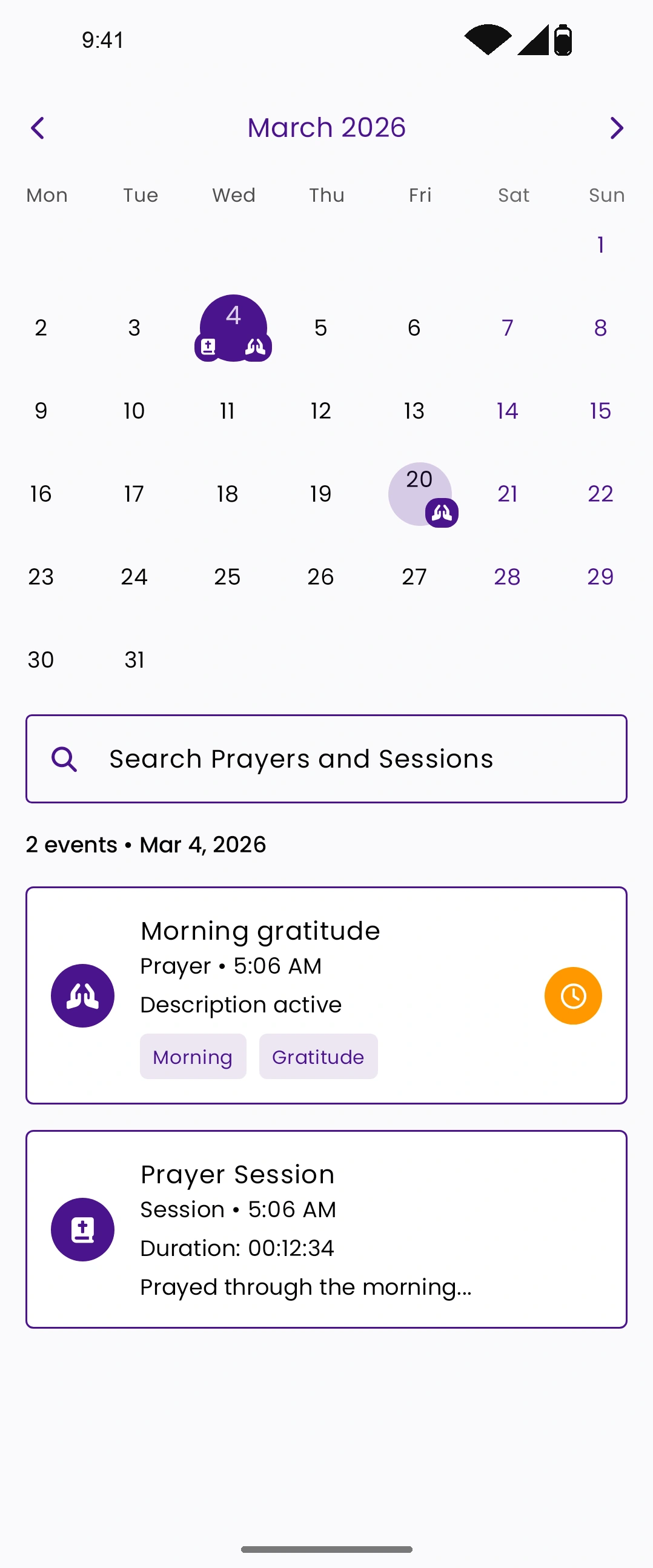 Prayer calendar in MySimpleBible on Android