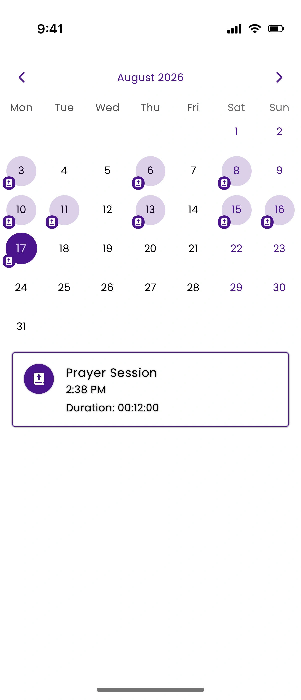 Prayer calendar in MySimpleBible on iPhone