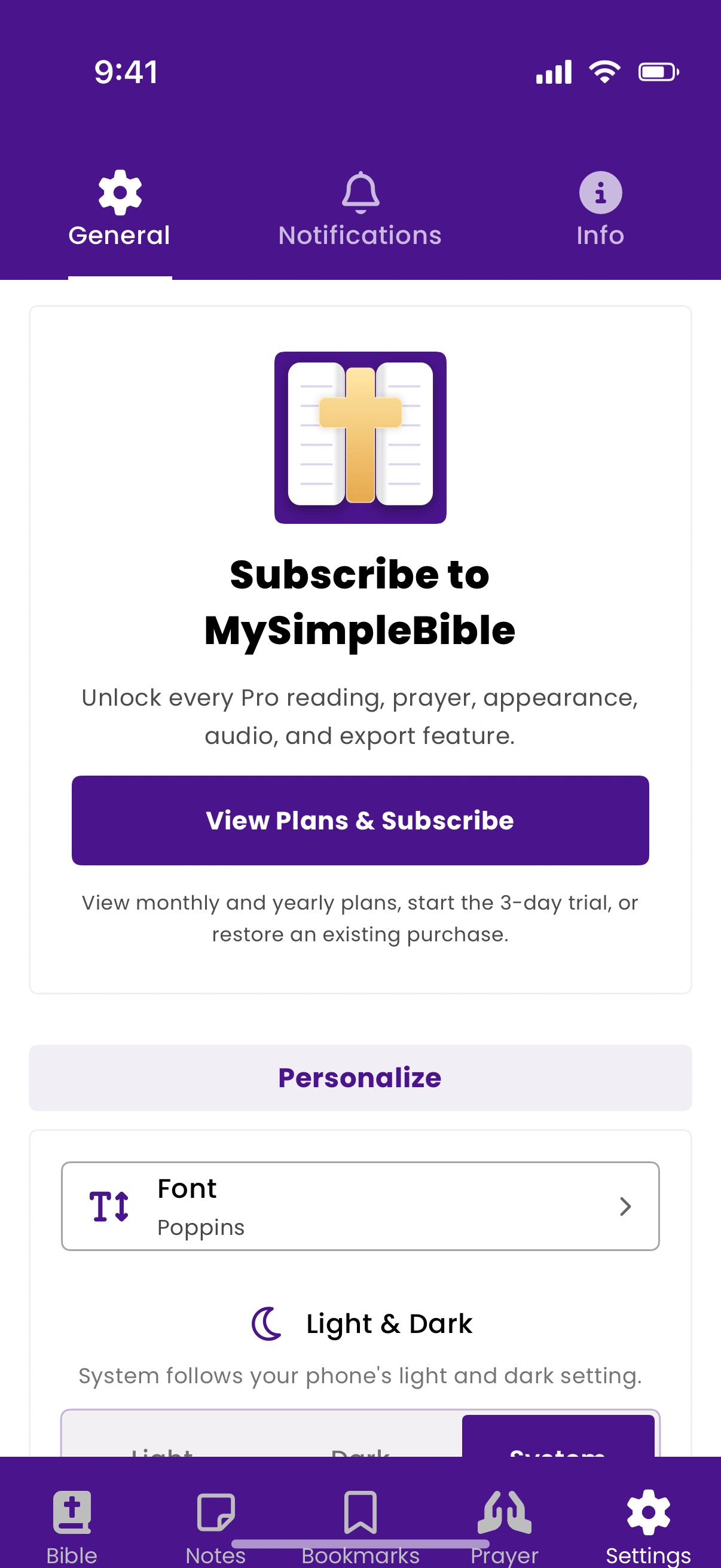 MySimpleBible appearance and reading settings
